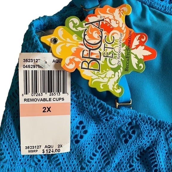 BECCA by Rebecca Virtue Diamond in the Rough Aqua Crochet Tankini Swimsuit 2X - Picture 6 of 10